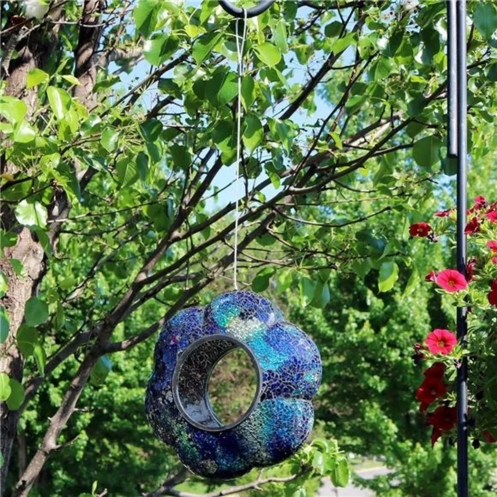 Indigo Flower 9-Inch Round Fly-Through Bird Feeder - Crackled Glass Design